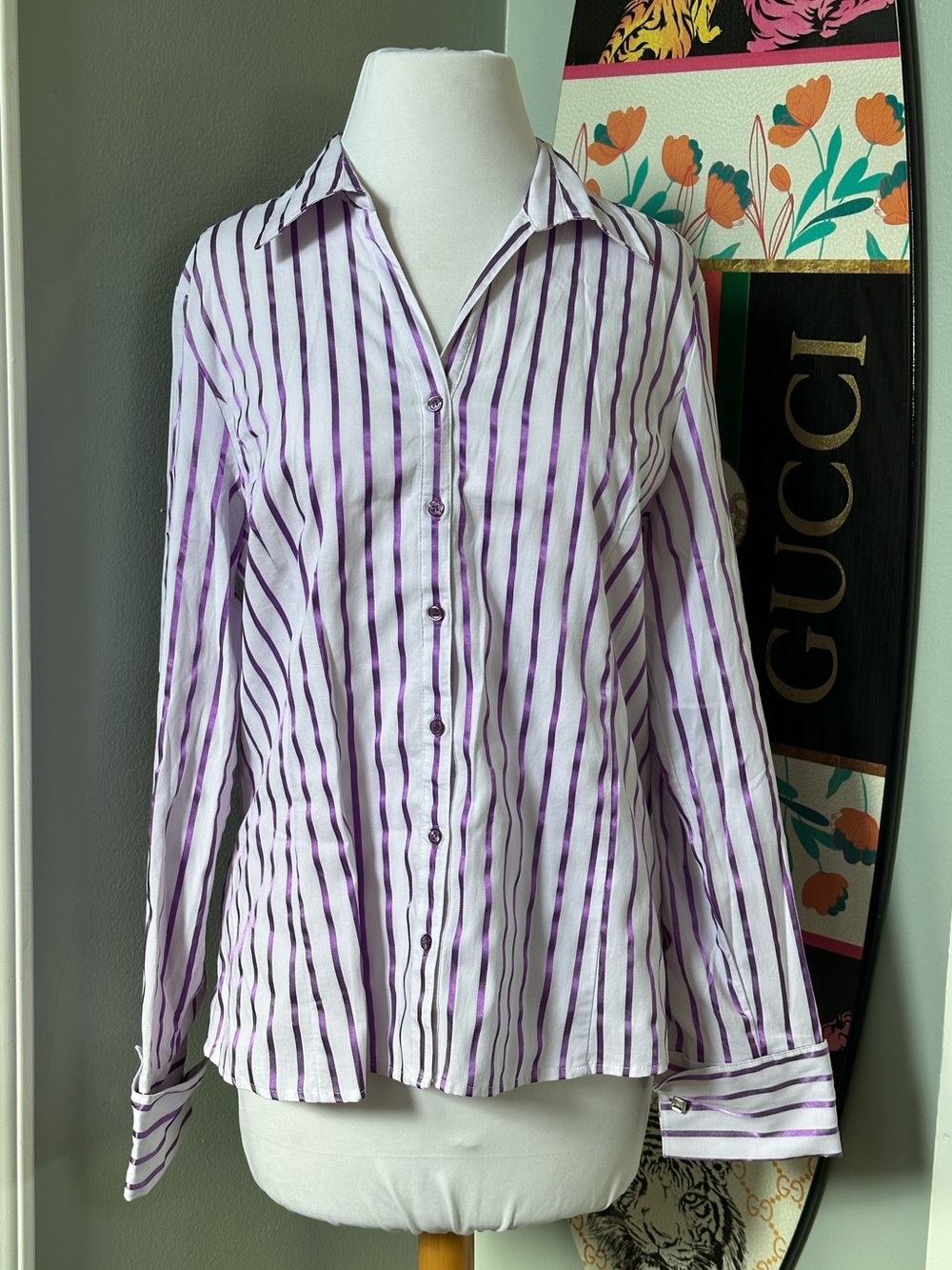 Lady in Paris Tchibo Purple Satin Striped Button Down Shirt Rhinestone Cuff Link